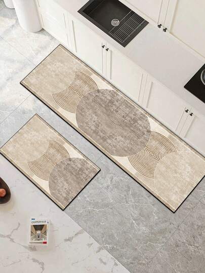 Alfombra de goma absorbente de 3.5 mm de grosor, grande o pequeña, de estilo minimalista moderno o de madera, color caqui con un patrón de ondas concéntricas, se puede recortar para adaptarse a la cocina, con capa superior de tela, capa intermedia de esponja y capa inferior de goma, adecuada para la cocina, sala de estar, dormitorio, habitación infantil, alfombrilla de ratón, baño, entrada, exterior, balcón, pasillo y otros espacios del hogar