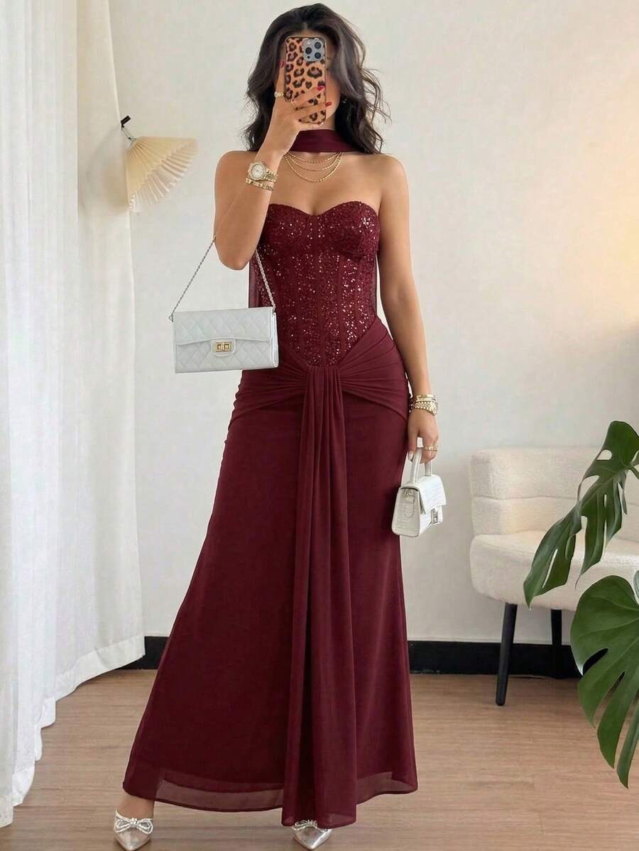 Elegant Sexy Sweetheart Neckline Ruched Waist Sequin Mermaid Prom Dress - 紅色 - 查看 1