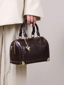 2025 New Fashionable High-End Women's Handbag, Large Capacity Boston Cushion Bag, Vintage Rivet Box Shoulder Bag, Versatile Personalized Street-Style Top Handle Satchel, Structured Box Bag - 彩色 - 查看 6