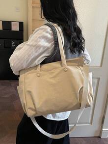 1pc Beige Soft Faux Leather Multi-Pocket Large Capacity Tote Bag, Suitable For Daily Commute - Multicolor - View 6