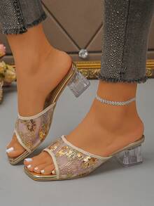Dép lê nữ đế dày đính sequin lưới trong suốt, đính pha lê, kiểu dáng slip-on, thêu họa tiết, màu vàng. - Vàng - Xem 4