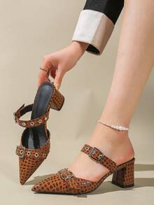 Dép bít mũi nhọn hở gót hai quai kiểu Punk dành cho nữ, khóa kim loại, họa tiết da cá sấu dập nổi, kiểu dáng đường phố retro Y2K, thích hợp cho tiệc tùng và mặc hàng ngày, mùa xuân/hè, dép cao gót bằng da PU màu nâu. - màu nâu - Xem 1