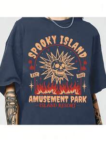 Spooky Island Amusement Park T-Shirt, Retro 2000s Halloween Movie Shirt, Disco Skull, Summer Spooky T-Shirt, 90s Nostalgia Halloween Tee For Halloween - 藏蓝色 - 查看 1