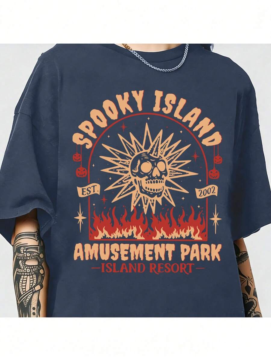 Spooky Island Amusement Park T-Shirt, Retro 2000s Halloween Movie Shirt, Disco Skull, Summer Spooky T-Shirt, 90s Nostalgia Halloween Tee For Halloween - 藏蓝色 - 查看 1