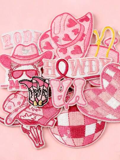 12pcs Pink Western Cowboy Embroidered Iron-On Patches, Suitable For DIY Truck Caps, Fashion Shoes, Clothing, Bags And Hats Decoration, Also Can Be Used For Ironing Applique Crafts And Gift Making. Cute Embroidered Patches.
