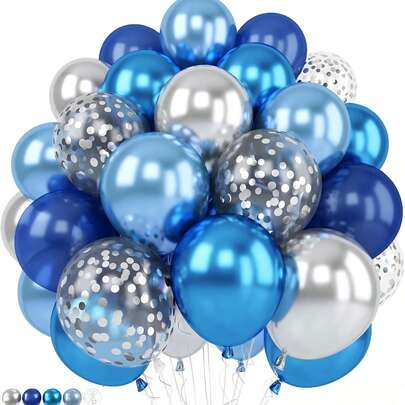 蓝银金属气球套装 | 加厚乳胶气球，颜色包括蓝色、宝蓝色、藏青色、银色和五彩纸屑，适合生日、迎婴派对、订婚、婚礼、性别揭晓派对和各种派对装饰