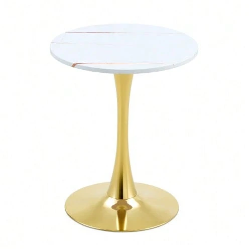 Round Side Table 60cm / Small Dining Table In MDF: Top Made With High Quality Thermoforming Technology, White Grain Appearance, Gold Support Leg – Perfect For European Living Spaces. - 白色 - 查看 1