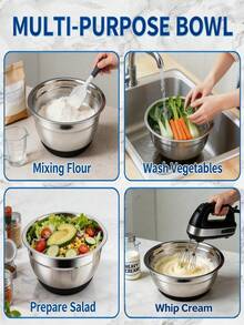 Bộ 1/5 món, bát trộn salad có nắp, bát đựng trái cây, bộ bát trộn, phụ kiện nhà bếp, bát trộn salad bằng thép không gỉ với đế silicon và thảm chống trượt, thích hợp để bảo quản thực phẩm, chuẩn bị bữa ăn, làm salad, dụng cụ nhà bếp. - màu đen - Xem 3