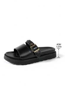 Women's Rivet Decor Thick Sole Comfortable Versatile Slide Sandals With Metal Buckle, Suitable For Summer Outdoor Wear - Black - View 8