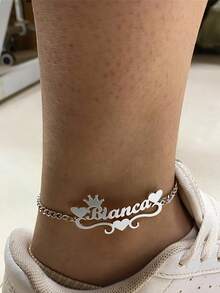 1pc Customized Personalized Heart Crown Name Anklet, Custom Anklet, High Quality Cuban Chain, Stainless Steel Jewelry, Customized Name Anklet, Customized Jewelry, Customized Items, Customized Christmas Gift, Halloween Jewelry, Anniversary Gift, Birthday Gift, Personalized Gift Suitable For Family And Friends - Multicolor - View 4