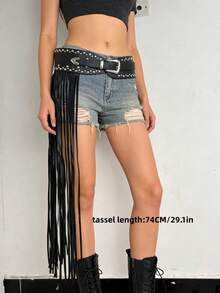 Y2K Chic Baddie Faux Leather Fringe Punk Rivet Decor Metal Zinc Alloy Heavy-Duty Buckle Fashion Rivet Belt, Versatile Streetwear OOTD - Coffee - View 4