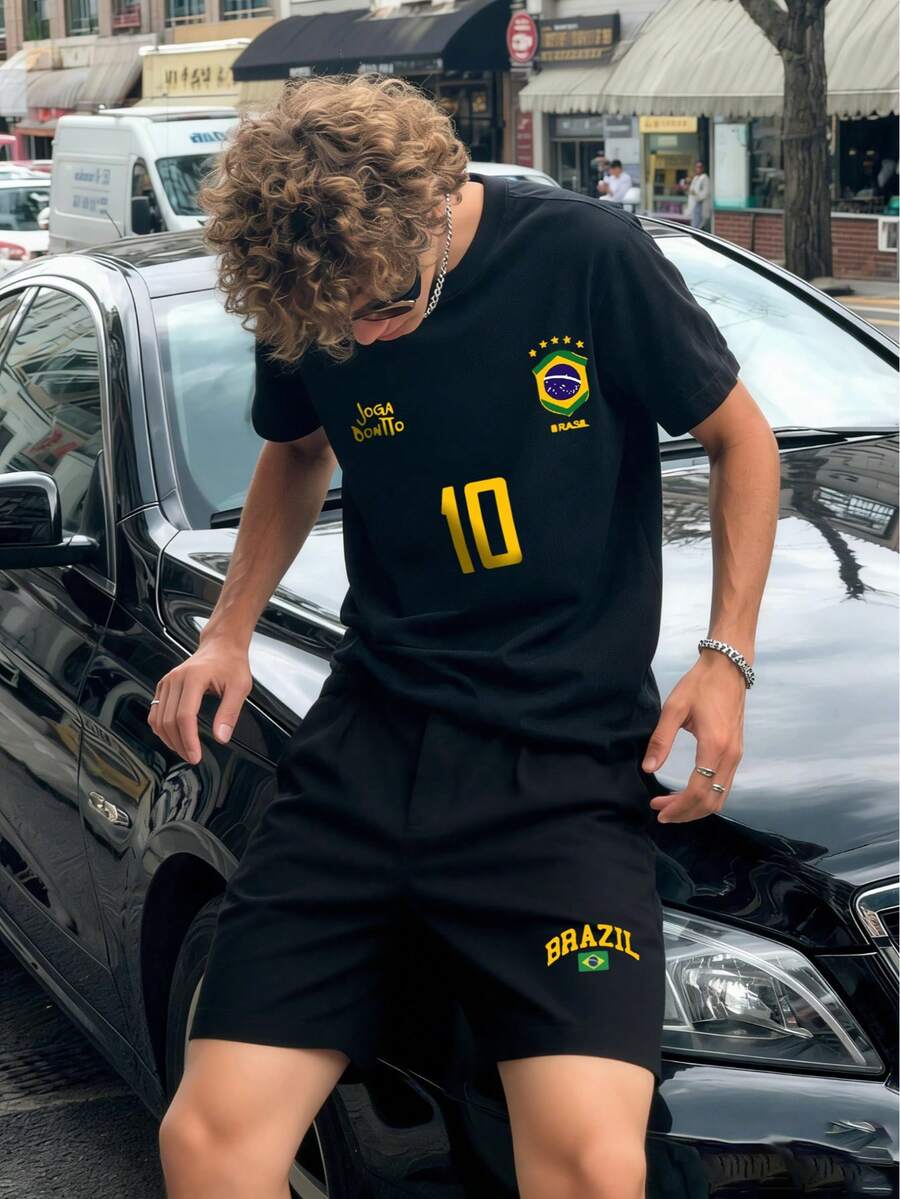 男士图案T恤套装，复西足球球衣 - 传奇10号，休闲足球迷套装，足球球衣 - 黑色 - 查看 1