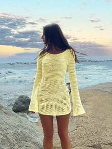 Women's Solid Color Sexy Hollow See-Through Backless Design Long Sleeve Coverup Crop Dress, Suitable For Beach Vacation, Spring/Summer White - 淺黃色 - 查看 3