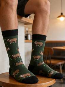 1 Pair Men's Green And Black Contrast Cartoon Sloth Pattern Mid-Calf Socks, And Casual For All Seasons - Multicolor - View 3