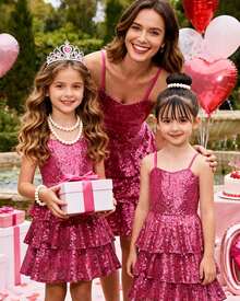 Girls Sequin Formal Dress Kids Party Special Occasion Fancy Gown Tie Back 3 Layer Prom Graduation Outfit - 玫紅色 - 查看 2