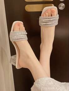 Women's Crystal Heel Wedge Toe Ring Sandals, Fashion Transparent Chunky Heel Beach Vacation Slippers - Beige - View 1