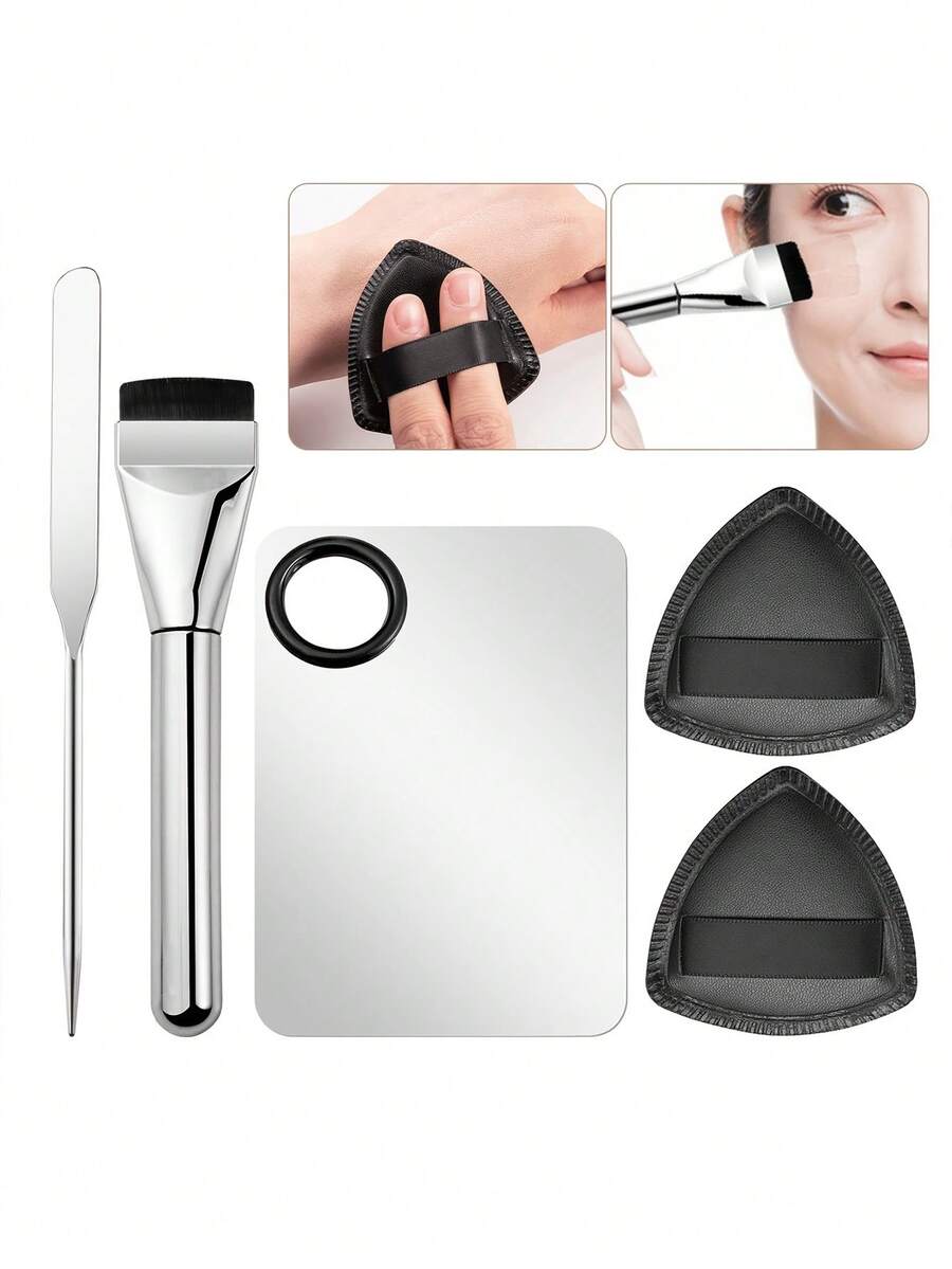 Bộ cọ trang điểm, bảng phấn trang điểm và bông mút bằng thép không gỉ. - Nhiều màu - Xem 1