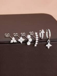 6Pcs Elegance Geometry Stud Earrings For Women Fashion Flower Star Petal Cartilage Hoop Earring Piercing Ear Jewelry Suitable For Holiday Parties, Fashion Accessories - Silver - View 2