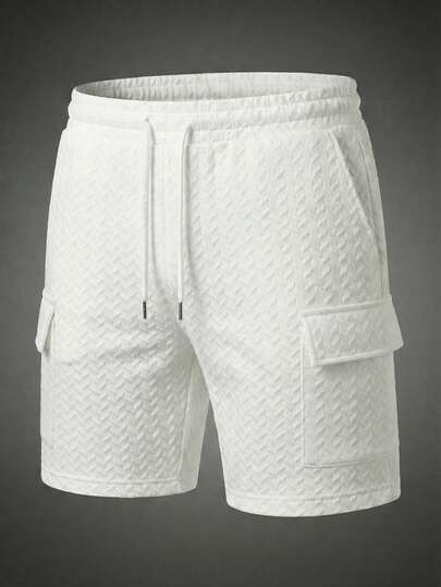 男士夏季休闲时尚日常穿着大口袋提花纹理白色短裤，沙滩短裤，网球短裤，适合度假、海边穿着