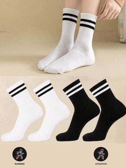 6 Pairs Tri-Color Black, White, Gray Double Stripe Mid-Calf Socks, Unisex, Casual Sports Long Socks, Suitable To Pair With Underwear And Pants, Women Can Wear As Outerwear Mid-Calf Socks, Student Sports Long Socks, Double Stripe Mid-Calf Socks (1/4/6 Pairs)