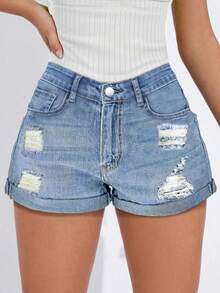 Teen Girls Straight Casual Fashionable Ripped Denim Shorts, Slim Fit - Light Wash - View 1