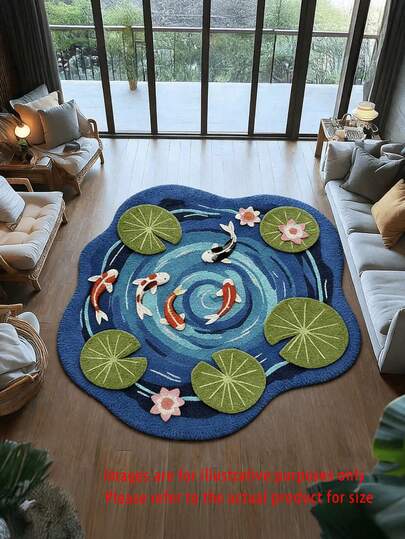 1pc 3D Lotus Pond Koi Carpet | Traditional Chinese Style Home Decor Mat With Water Lilies And Koi Fish, Polyester, 1200g Weight, 12.1mm Thickness, Suitable For Playrooms, Bedrooms, Living Rooms, Kitchens, Perfect Gift For Partners, Friends, Family
