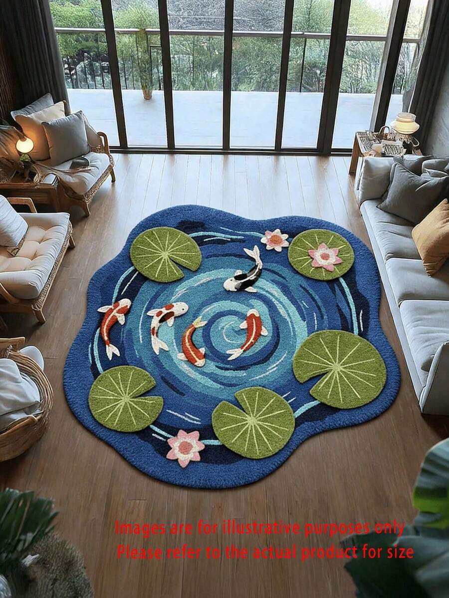 1pc 3D Lotus Pond Koi Carpet | Traditional Chinese Style Home Decor Mat With Water Lilies And Koi Fish, Polyester, 1200g Weight, 12.1mm Thickness, Suitable For Playrooms, Bedrooms, Living Rooms, Kitchens, Perfect Gift For Partners, Friends, Family - 02 - 查看 1