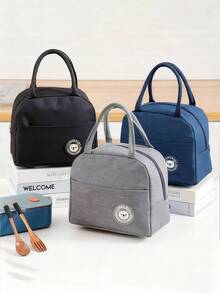 1pc Bear Pattern Insulated Lunch Bag, Thermal Lunch Box Tote - Navy Blue - View 1