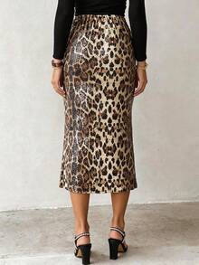 豹纹高腰亮片中长鱼尾修身鸡尾酒裙，适合夜店穿着 - 彩色 - 查看 3