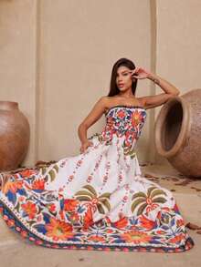 Vestido Longo PALMEIRAS Tomara que Caia Estampa Floral com Babado - Multicolorido Palmeiras - Visão 3