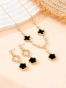 一套优雅奢华镂空水钻四叶草吊坠项链耳环首饰套装（女士款） - 黑色 - 查看 3