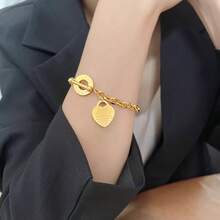 1条不锈钢心形雕刻钛金链手链，女士款，T形扣，适合日常佩戴和约会礼物 - 手鍊 - 查看 2