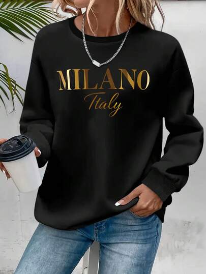 Hoodie For Women Fashionable "MILANO Italy" Letter Print Design Women's Casual Crew Neck Sweatshirt, Women's Crew Neck S Shirt, Versatile Sweatshirt For Casual And Daily Wear In Autumn And Winter2026- Spring, Y2k, Tops, Black Jumper, Maija