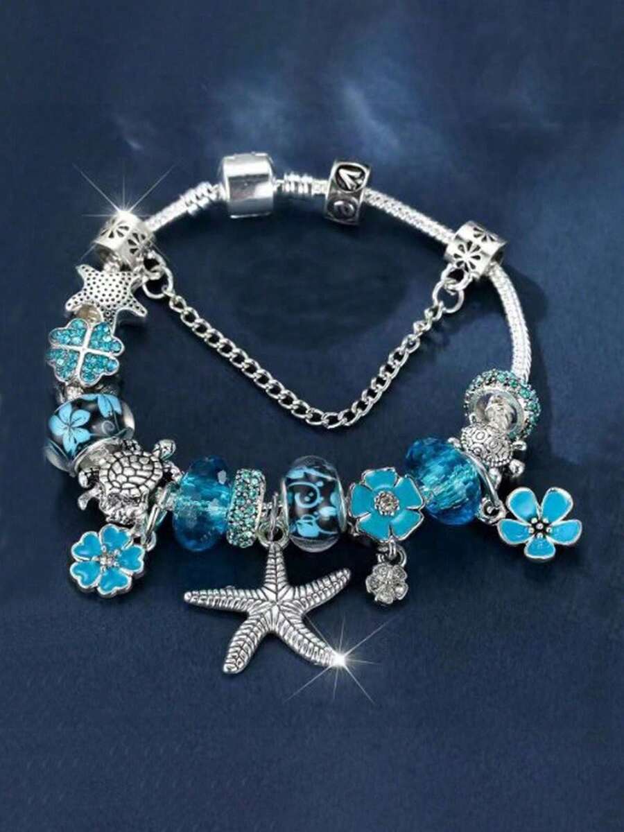 1pc European And American Fashion Creative Women Summer Ocean Style Bracelet, New Blue Ombre Flower, Starfish, Sea Turtle Charm Bracelet - Blue - View 1