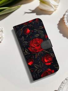 Dark Night Red Roses With Golden Vine Retro Style Pattern, Premium Durable Flip Card Wallet Phone Case, Gothic Romantic Folio Case With Magnetic Clasp, For Halloween, Anniversary Gifts And Women Who Adore Bold Colors & Classic Florals, Compatible With IPhone 17 Pro Max, 17 Pro, 17 Air, 17, 16, 15, 14 Plus, 13, 12 Pro Max, 11, Features Foldable Stand And Credit Card Slots, Waterproof, Shockproof, Drop-Resistant, Scratch-Proof, Full Body Protection. - Black - View 6