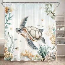 Bộ 4 món đồ dùng phòng tắm cao cấp họa tiết rùa san hô dưới nước, bao gồm rèm tắm, 12 móc nhựa, thảm chống trượt phòng tắm, nắp bồn cầu hình chữ U, phụ kiện trang trí phòng tắm hiện đại. - A - Xem 16