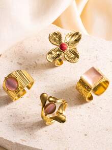 4pcs Fashionable French Style Stainless Steel Gold Rings Set With Floral Gemstone Elements, Suitable For Women's Daily Wear And Holiday Accessories, Summer Jewelry - Gold - View 2