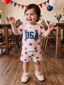 2Pcs  Toddler Baby Boy 4th Of July Outfit Toddler Boy Fourth Of July Clothes Memorial Usa American Flag Tshirt Shorts Set, Fourth Of July Baby Boy Girl Outfit, Toddler Baby Boy Girl Memorial Day Outfit - 紅色 - 查看 5