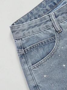 Women's Rhinestone Embellished Washed Straight Leg Denim Shorts - Light Wash - View 4
