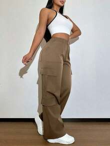 Brown Multi-Pocket Buttoned Casual Y2K Leisure Elegant And Cute Work Pants. Suitable For Back-To-School, Clubs, Birthday Parties, Halloween, New Year, Thanksgiving, Concerts, Gyms, Beaches, Vacations, Business, Daily Airport Wear, Street Style, Teacher's Day, Spring, Summer, Autumn And Winter. - 棕色 - 查看 11