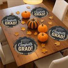 Bộ 4 tấm lót bàn ăn lễ tốt nghiệp đường kính 15 inch, làm từ sợi polyester với họa tiết mũ tốt nghiệp và vòng nguyệt quế vàng, viền đen và vàng, thích hợp cho tiệc tốt nghiệp, bữa tối, ăn uống tại nhà, lễ kỷ niệm tốt nghiệp. - A - Xem 2