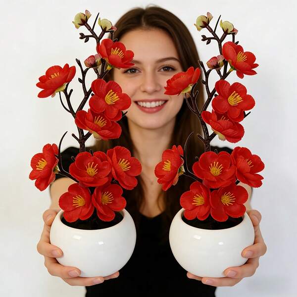 TUOGTCI 2 pièces Fleurs artificielles de prunier rouge haut de gamme en pot - Fleurs artificielles pour les fêtes | Décoration de maison Fleurs artificielles, convient pour le salon, la salle de bain, le balcon, le bureau, la décoration de la table à manger, applicable pour la Saint-Valentin/Pâques/Mariage/Fête des Mères/Décoration de table/Décoration de fête/Décoration de maison, Décoration de fête du printemps