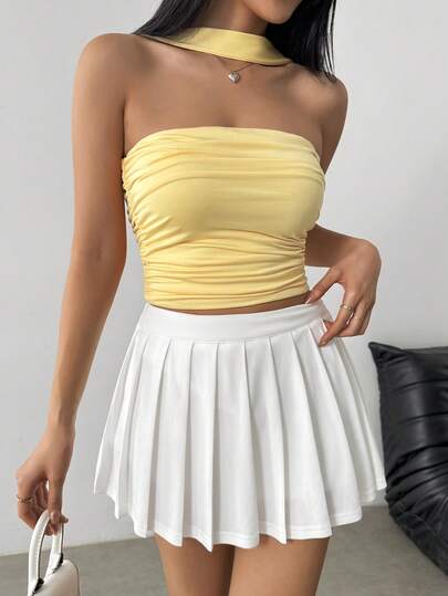 时尚露背吊带无袖短款上衣，女士露背褶皱针织夏季短款衬衫，常规长度