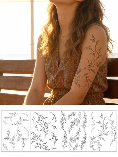 4件套，纹身贴纸，Y2K风格，植物花卉藤蔓元素，半永久纹身，假纹身，手部纹身，假纹身，临时纹身，纹身用品，纹身套装，纹身贴纸，防水持久纹身，女士纹身，背部纹身，手臂纹身，腿部纹身，节日，锐舞派对