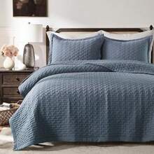 Dusty Blue Queen Size Quilt Set Geometric Box Lightweight Bedspread Soft Farmhouse Rustic Coverlet Spring Summer Thin Comforter Country Bedding 90x90 inches - Neblina azul - Ver 1