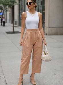 Pantalón dama mujer cintura elástica delgado y fresco para verano de moda casual unicolor - Champán - Ver 3