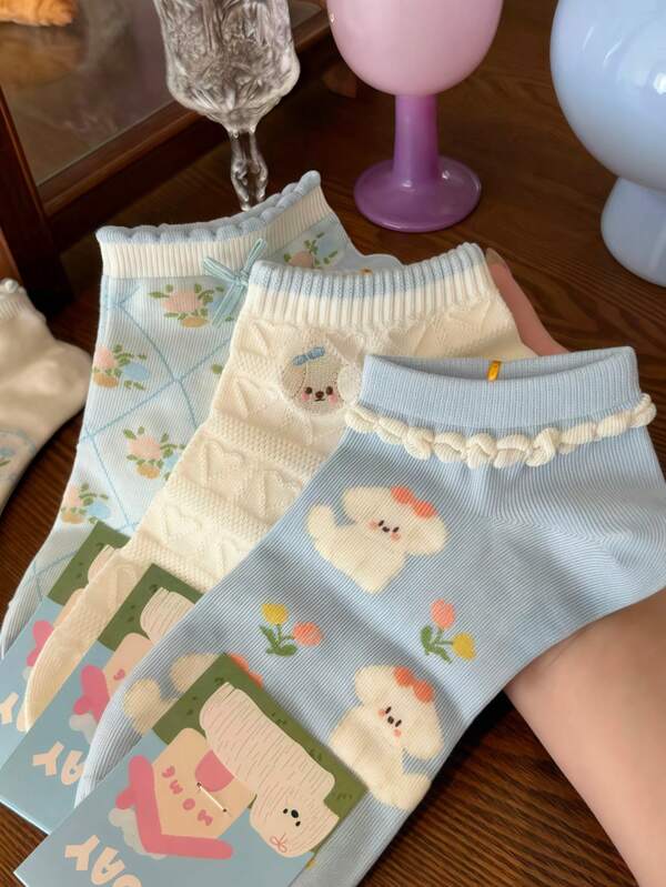 5 pares de calcetines de tobillo de algodón de verano para mujer con diseño de cachorros lindos al azar, con encaje, decoración de moño y antideslizantes