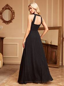 优雅女士无袖褶皱雪纺正式晚礼服，夏季露背黑色雪纺正式派对长裙，适合婚礼宾客、鸡尾酒会、伴娘、舞会等场合。 - 黑色 - 查看 6