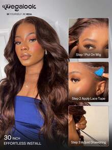 MEGALOOK 无胶13x6 Three-Go™蕾丝前假发，18-30英寸真人发，自然波浪卷，巧克力棕色，预漂白，预拔毛，预剪蕾丝，融合蕾丝，自然发际线，适合新手日常佩戴 - S4 - 查看 4