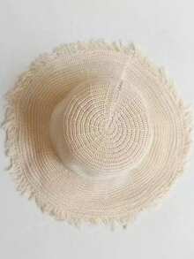 1 chiếc mũ rơm rộng vành kiểu Hàn Quốc dành cho nữ, có tua rua, thoáng khí, thích hợp làm mũ che nắng mùa hè đi biển. - Rơm rạ - Xem 4